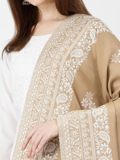 Women's Floral Jamawar Acrylic Border Wool Shawl